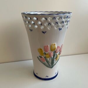 Delftware Royal Twickel Hand- Painted Floral Vase with Lattice Detail